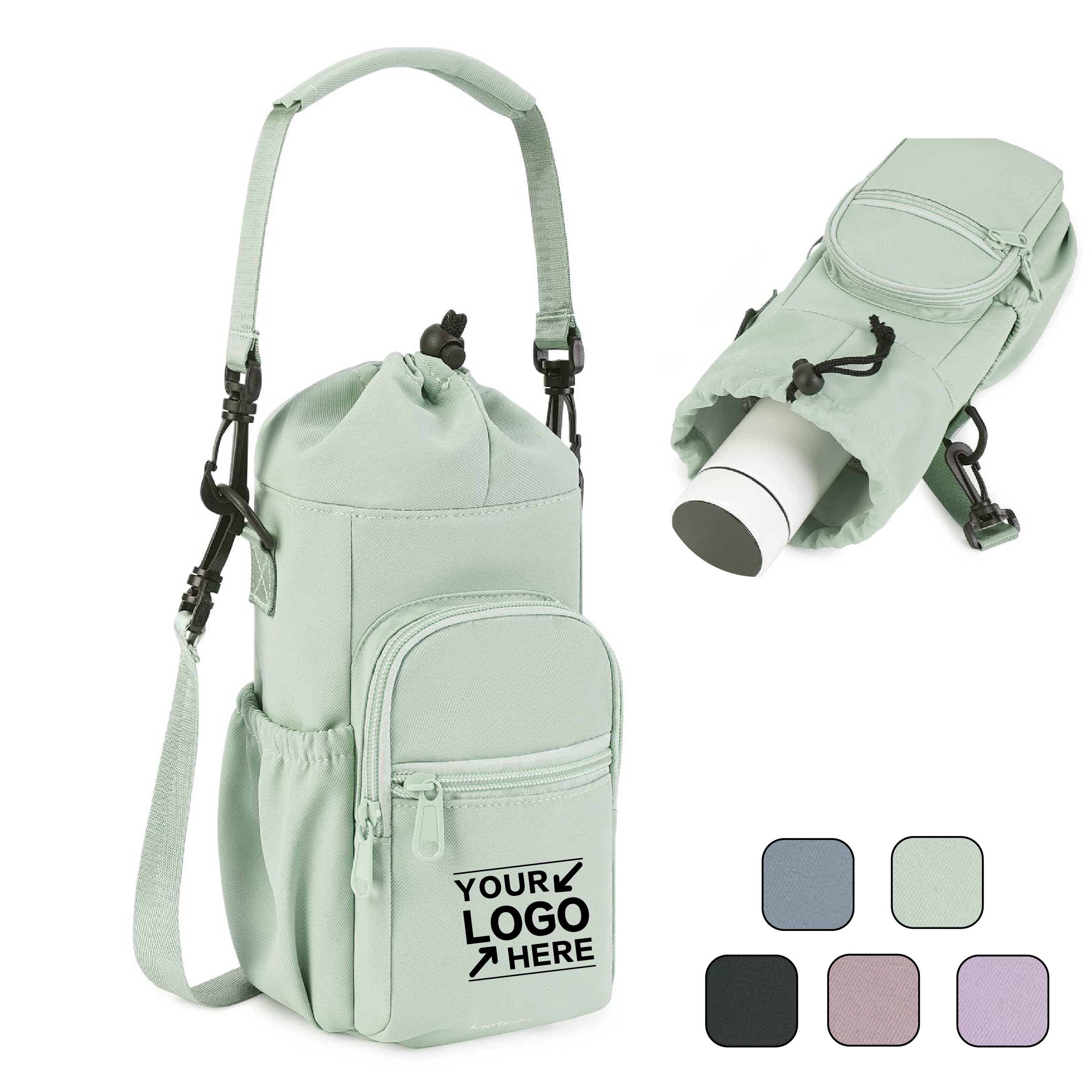 Water Bottle Carrier with Pockets and Shoulder Strap